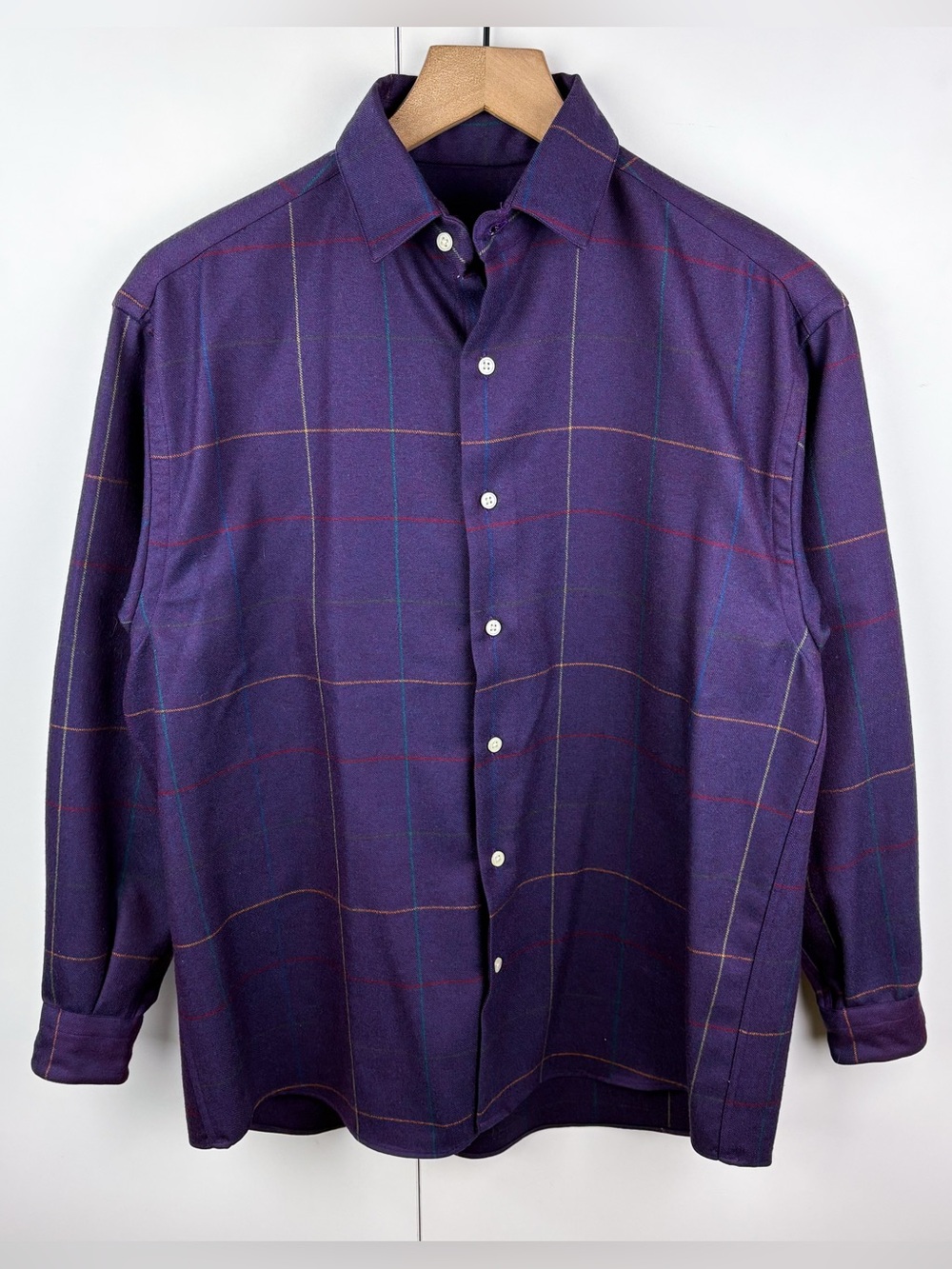 Vintage 100% Wool Long Sleeve Button Down Shirt Eggplant Purple Plaid Rainbow